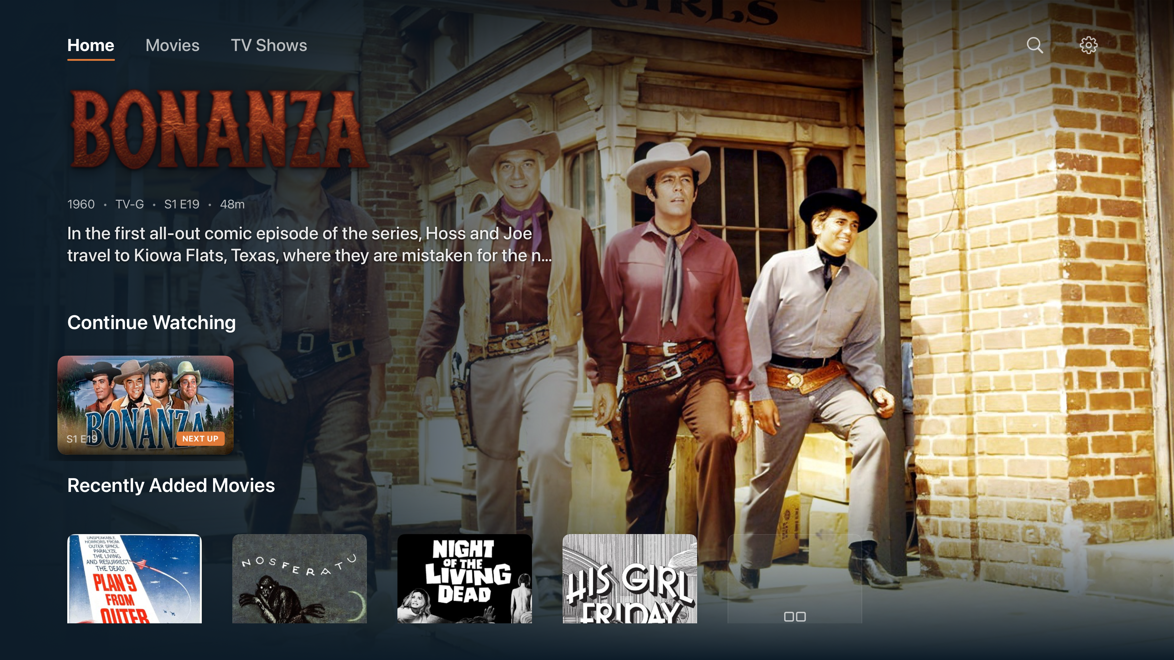 Trovu home screen on Apple TV showing Jellyfin library with continue watching and recently added movies