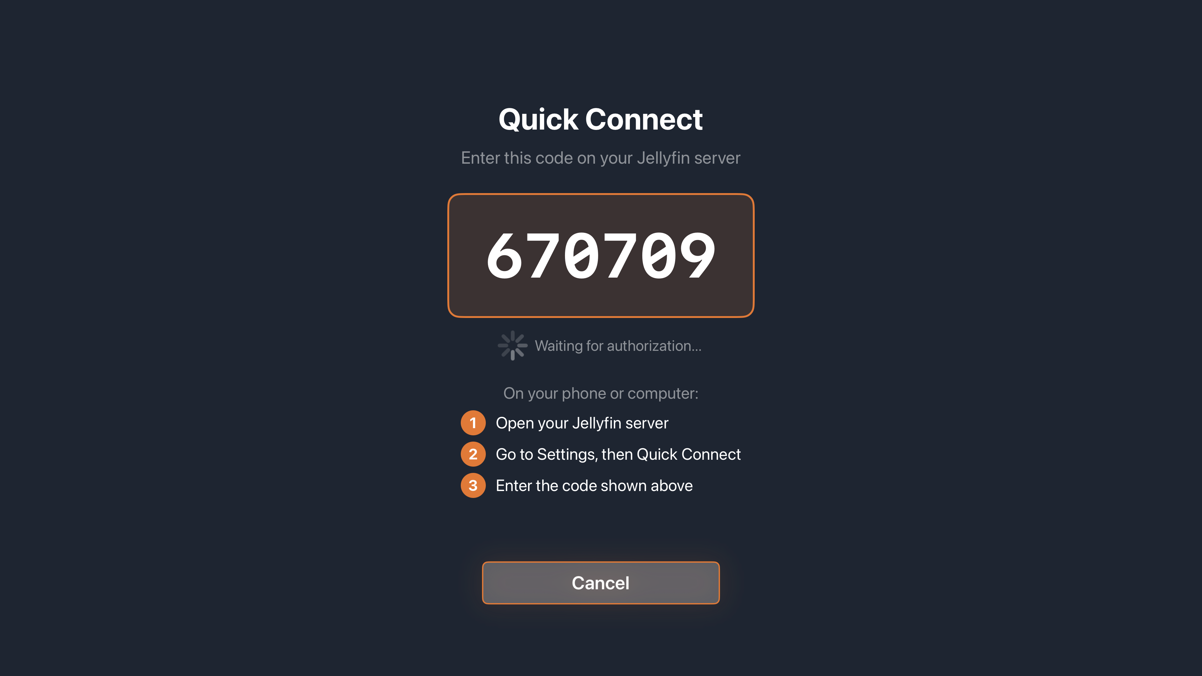 Trovu Quick Connect screen showing pin code for password-free Jellyfin sign-in on Apple TV